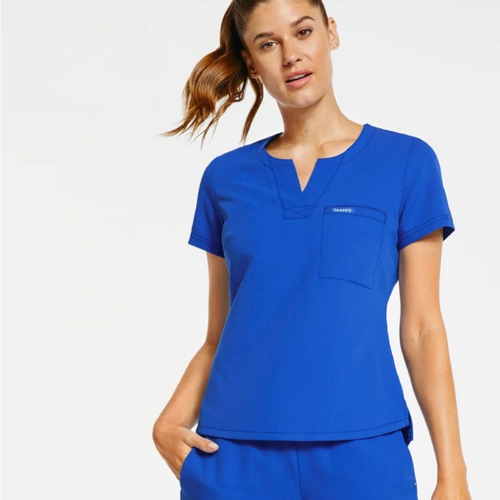Jaanuu Women's 1-Pocket Tuck-In Scrub Top Royal Blue  Size X Small